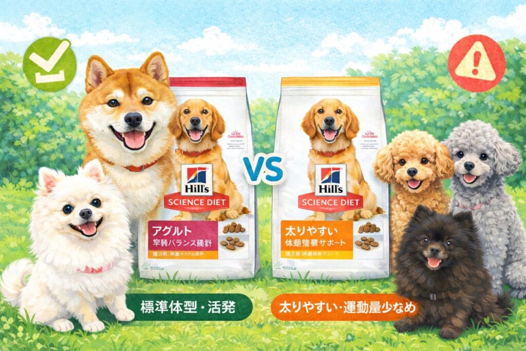 アダルトとアダルトライトの袋を中央に、柴犬・白ポメ・黒ポメ・プードルがにっこり並ぶまとめ用イラスト