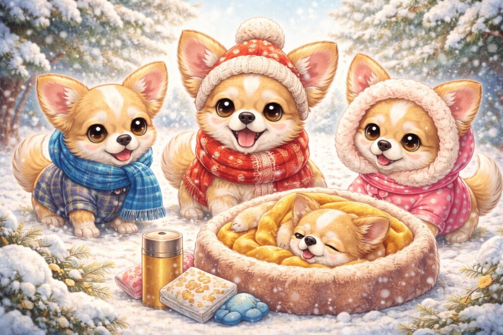 寒い季節に室内で暖かく過ごすチワワのイメージ