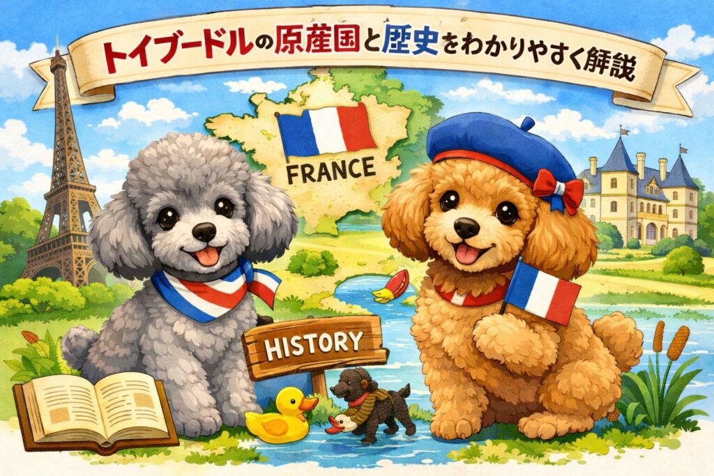 フランスを背景にしたトイプードルの原産国と歴史を紹介するイラスト