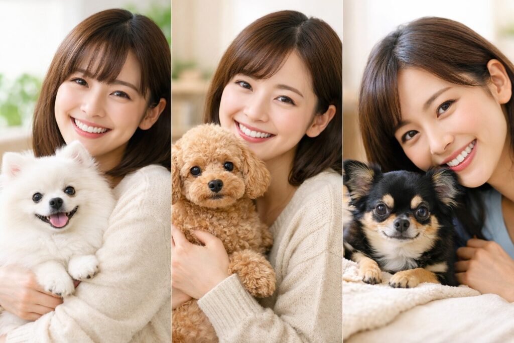 白いポメラニアン、アプリコットのトイプードル、チワワをそれぞれ抱いた日本人女性が、自然光の入る室内で笑顔を見せている様子