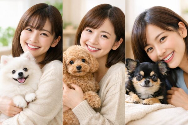 白いポメラニアン、アプリコットのトイプードル、チワワをそれぞれ抱いた日本人女性が、自然光の入る室内で笑顔を見せている様子