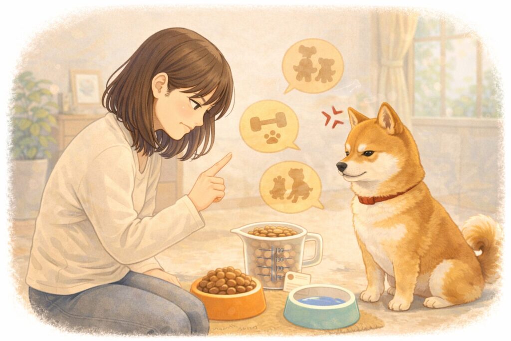 柴犬に落ち着いて指示を伝え、しつけを行う飼い主の様子