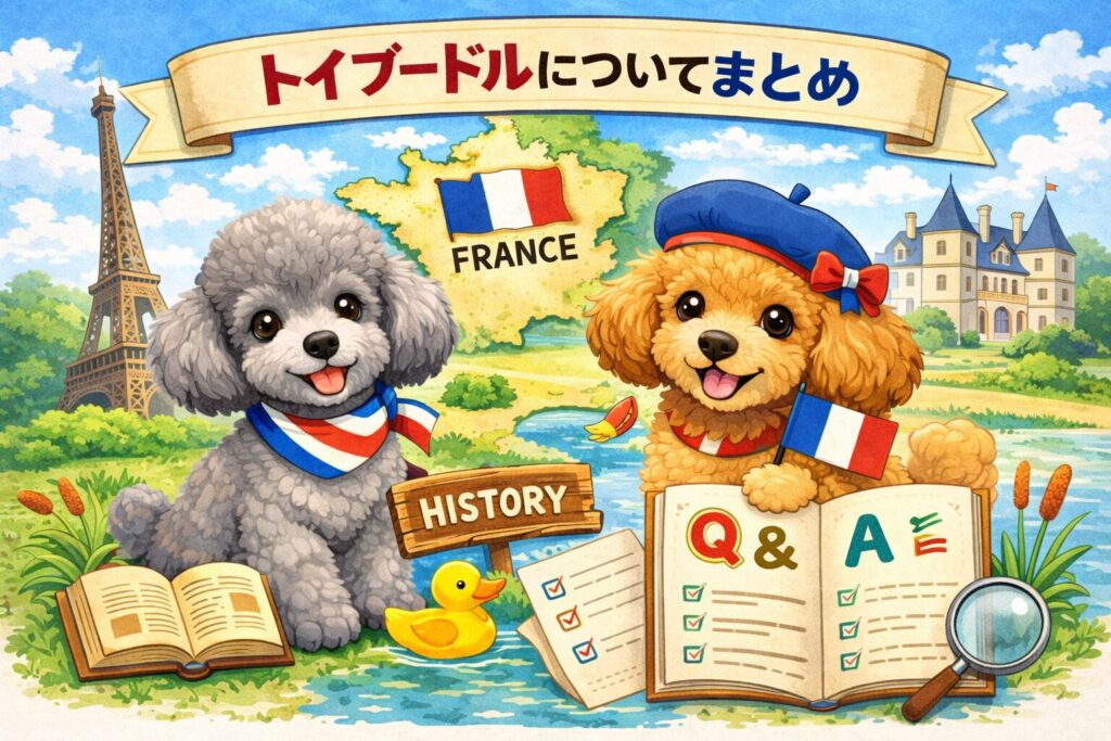 トイプードルとQ&Aブックで原産国や歴史を振り返るイラスト