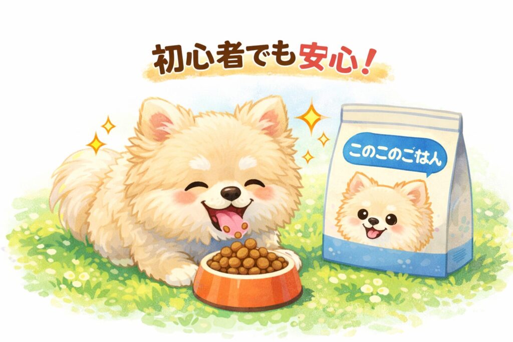 このこのごはんを食べるポメラニアンのイラスト