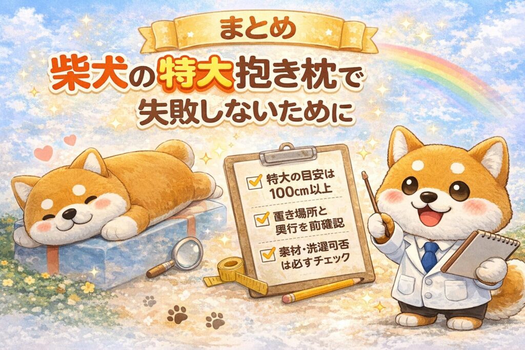 柴犬の特大抱き枕選びのポイントをまとめたイラスト
