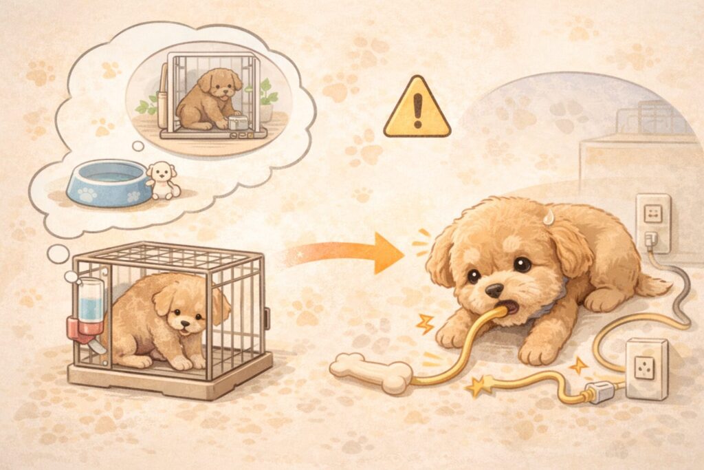 犬のコード誤飲やケージサイズの失敗を注意喚起するイラスト