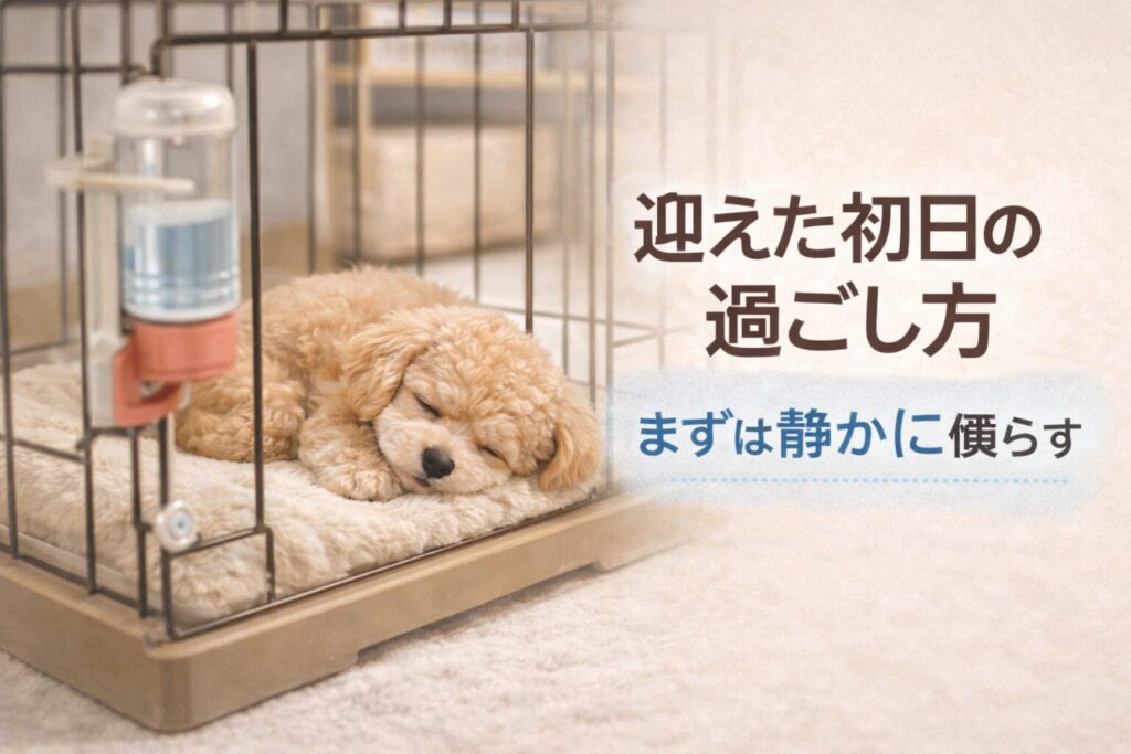 迎えた初日にケージの中で静かに眠る子犬の様子