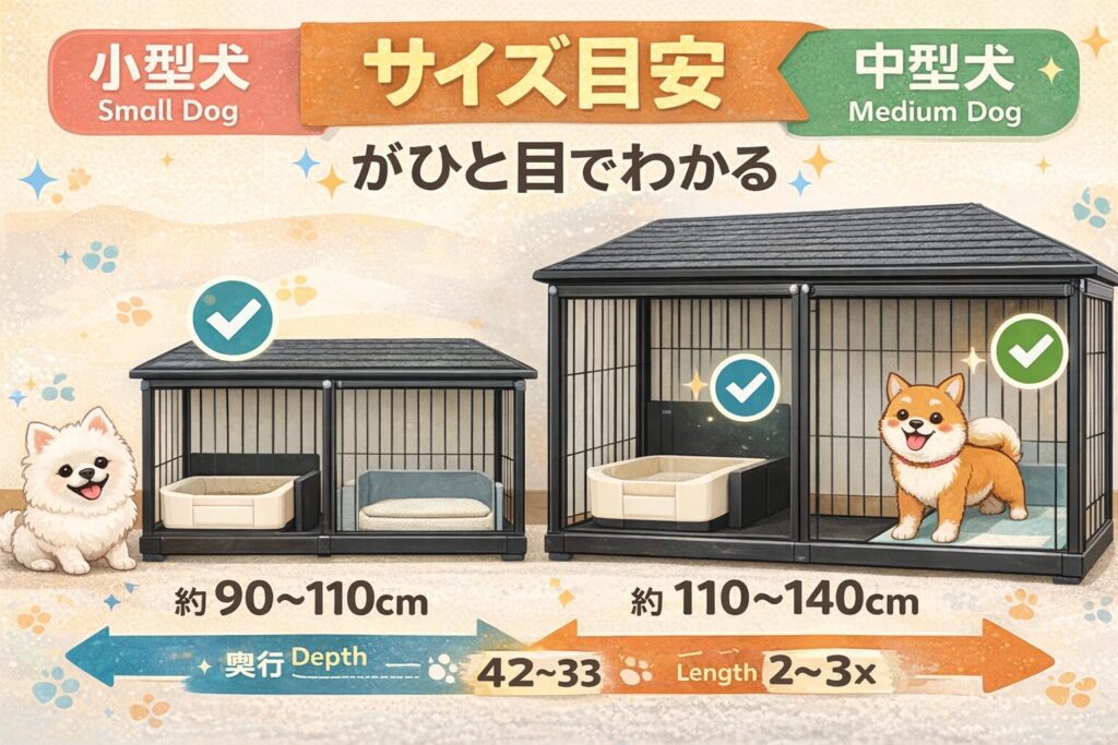 小型犬は約90〜110cm、中型犬は約110〜140cmのケージサイズ目安を示した、屋根付きトイレ別犬ケージの比較イラスト