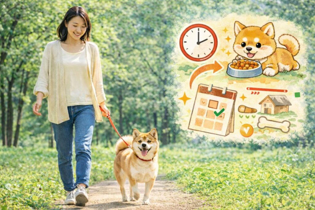 公園で日本人女性が柴犬と散歩し、運動と食事習慣の見直しをイメージできる写真風ビジュアル