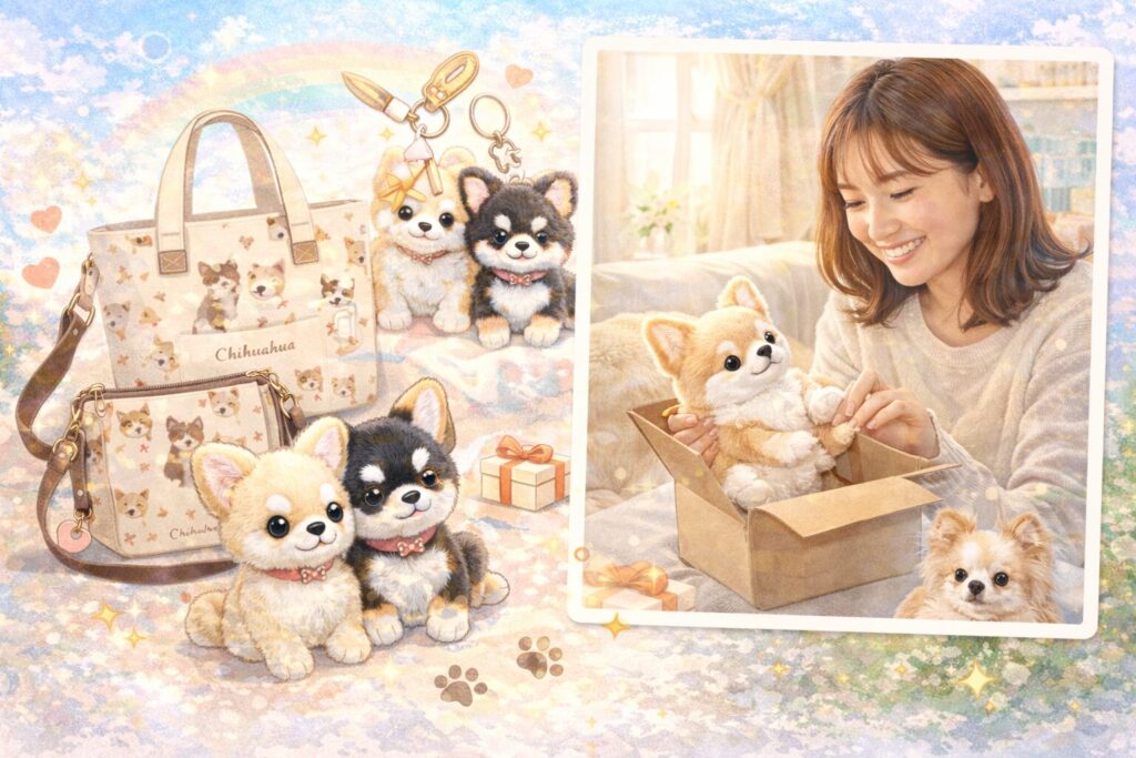 かわいいチワワグッズ（ぬいぐるみ・バッグ・小物）と、楽しむ様子をまとめたイメージ

