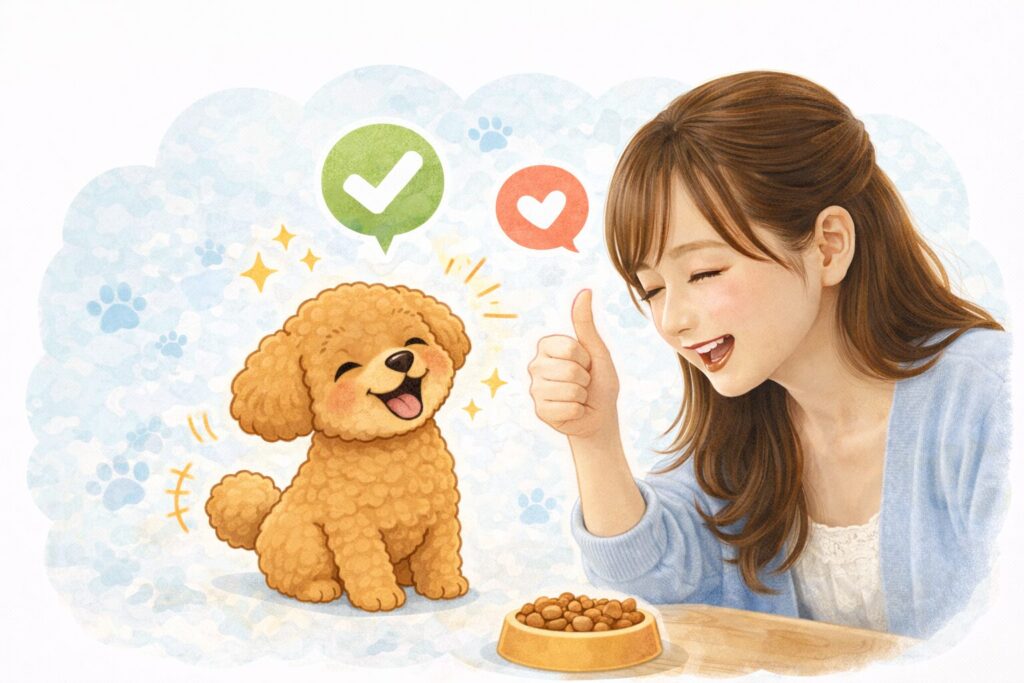 トイプードルを褒めてしつけをしている飼い主と犬のイラスト