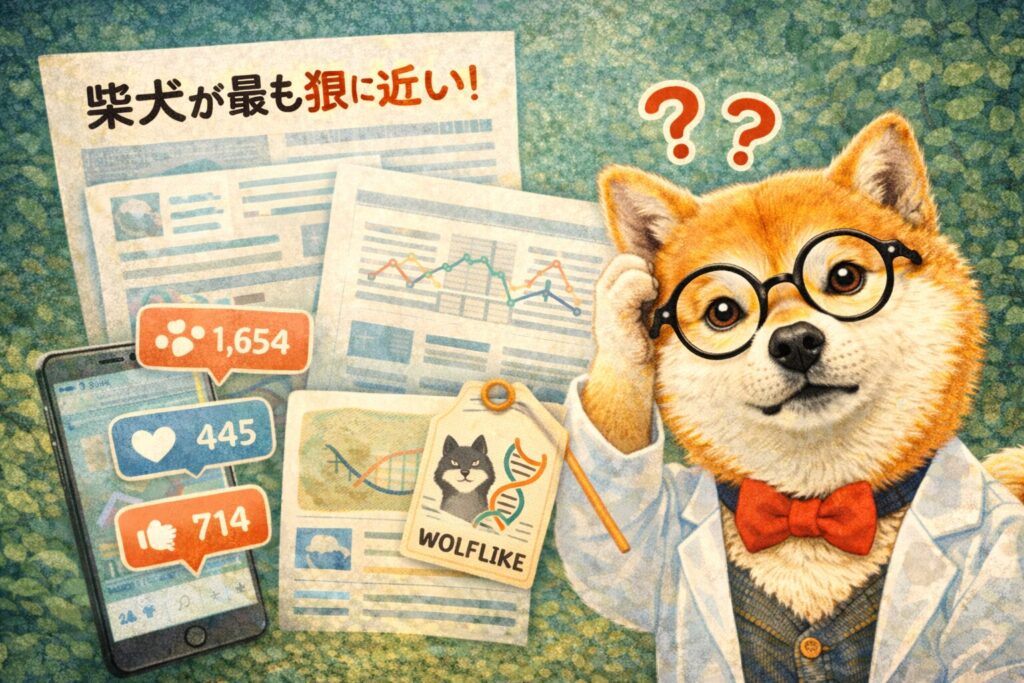 柴犬と狼の関係を整理する概念を描いたイラスト