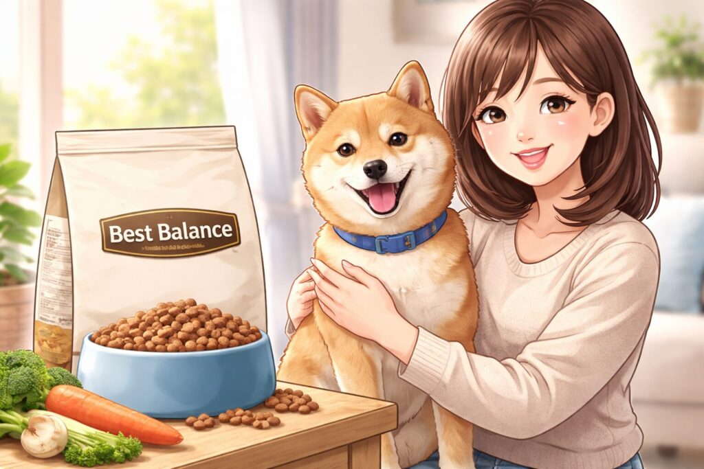 室内で日本人女性が笑顔の柴犬を抱き、ドッグフードとフードボウルがテーブルに置かれている