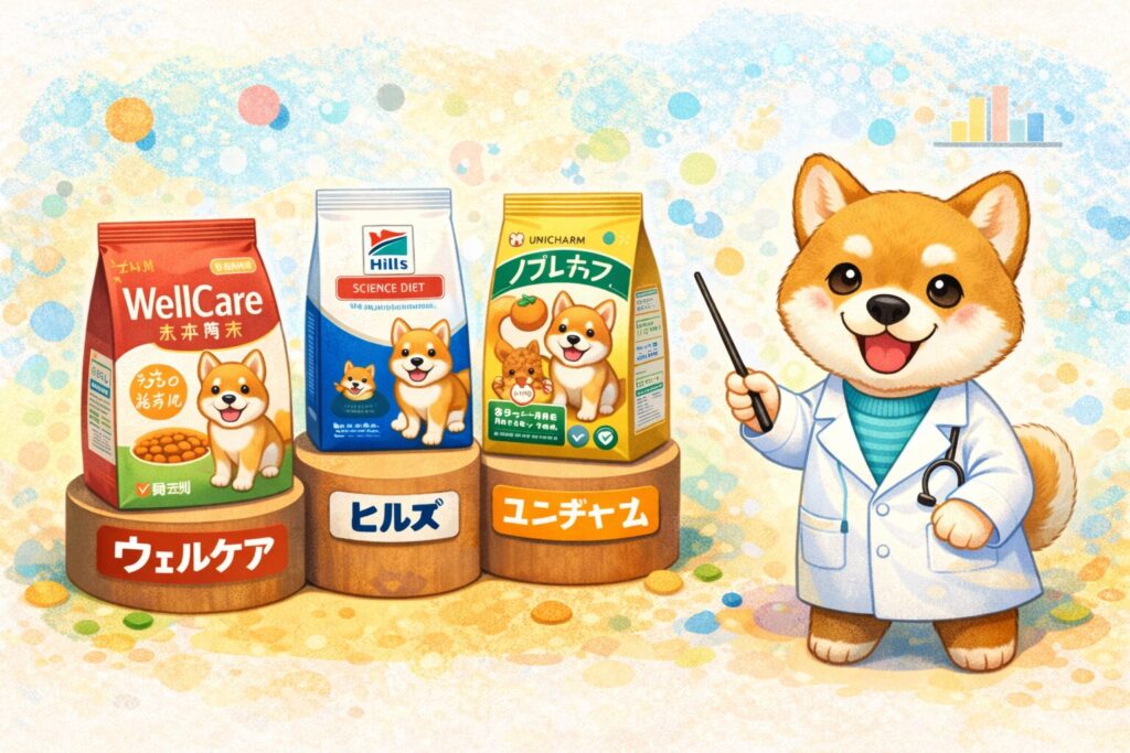 ウェルケア・ヒルズ・ユニチャームのドッグフード3ブランドを比較する柴犬イラスト