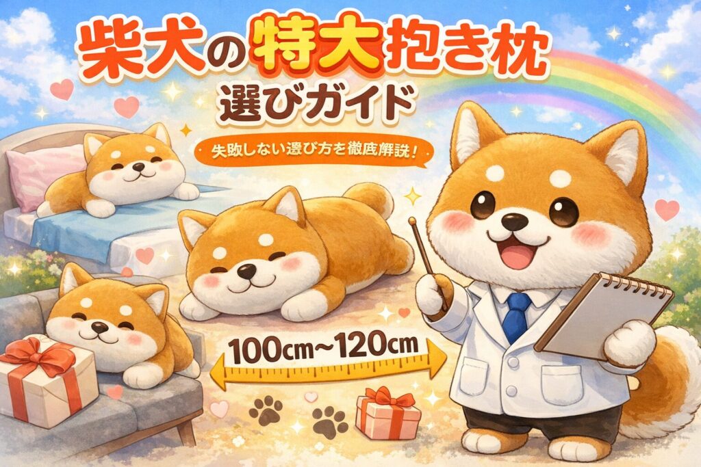 柴犬の特大抱き枕のサイズ選びを解説するイラストガイド