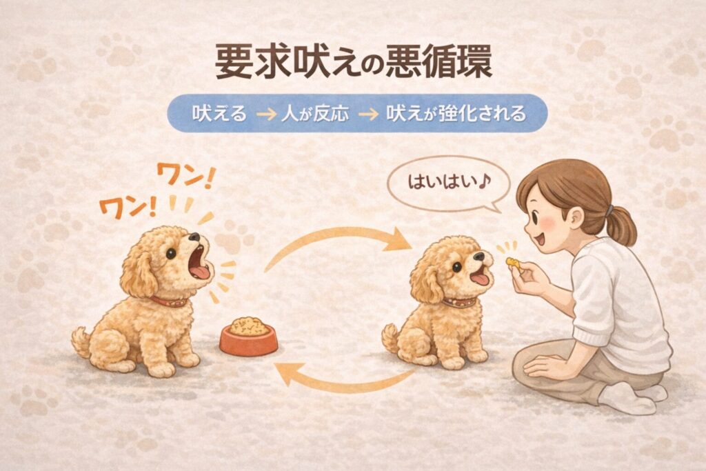 犬が吠えることで人が反応し、吠えが強化されてしまう要求吠えの仕組みを示したイラスト