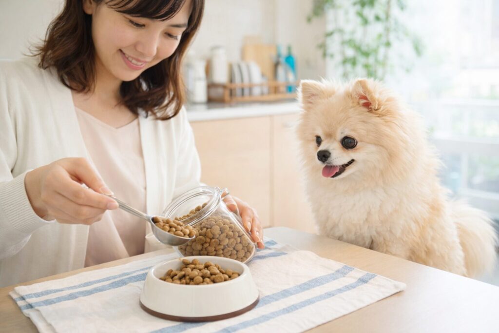 室内で日本人女性に見守られながらドッグフードを食べるクリーム色のポメラニアン