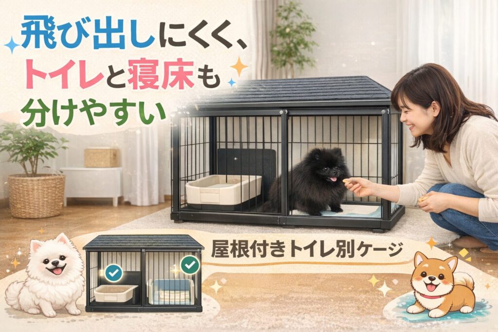 屋根付きトイレ別ケージの中にいる黒ポメラニアンに、日本人女性が室内でおやつを与えている様子