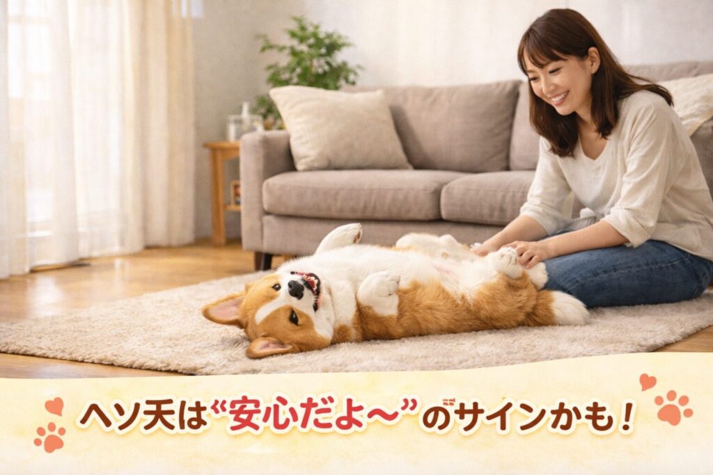 ナチュラルな部屋で、コーギーがヘソ天で眠り、笑顔の日本人女性がそっと見守っている写真