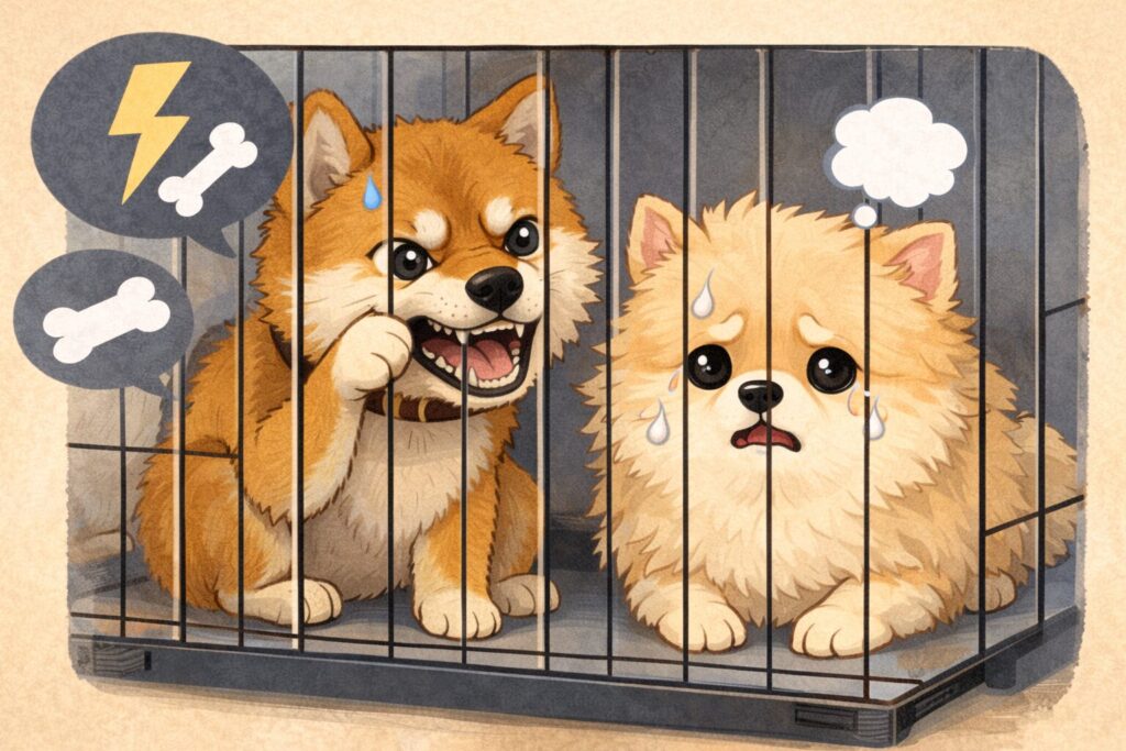 ケージの柵を噛む柴犬と、不安そうな白ポメラニアンのイラスト