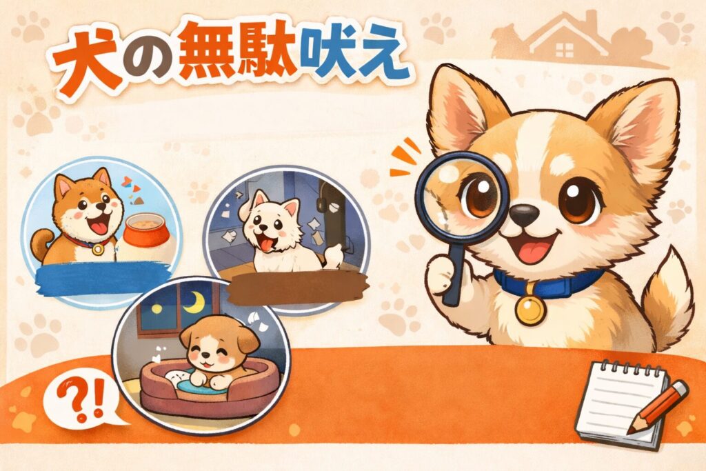 無駄吠えの原因を考えるために、虫眼鏡を持った犬と3つの吠えのシーンを描いたイラスト