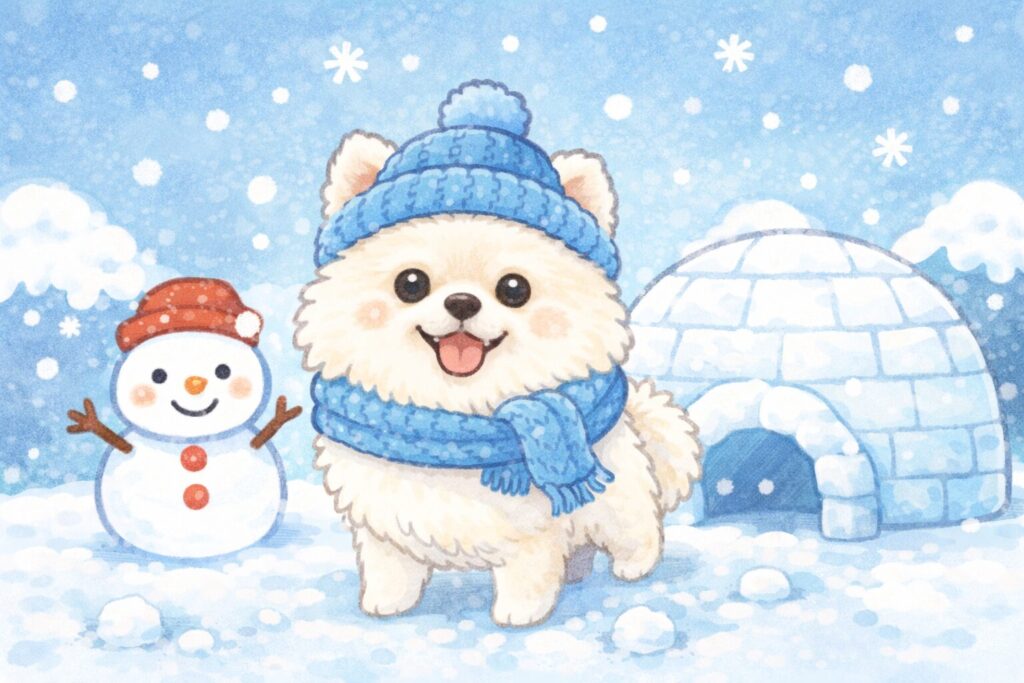 マフラーを巻いた白ポメラニアンが雪の中で元気に立っている寒さ耐性を表したゆるかわイラスト