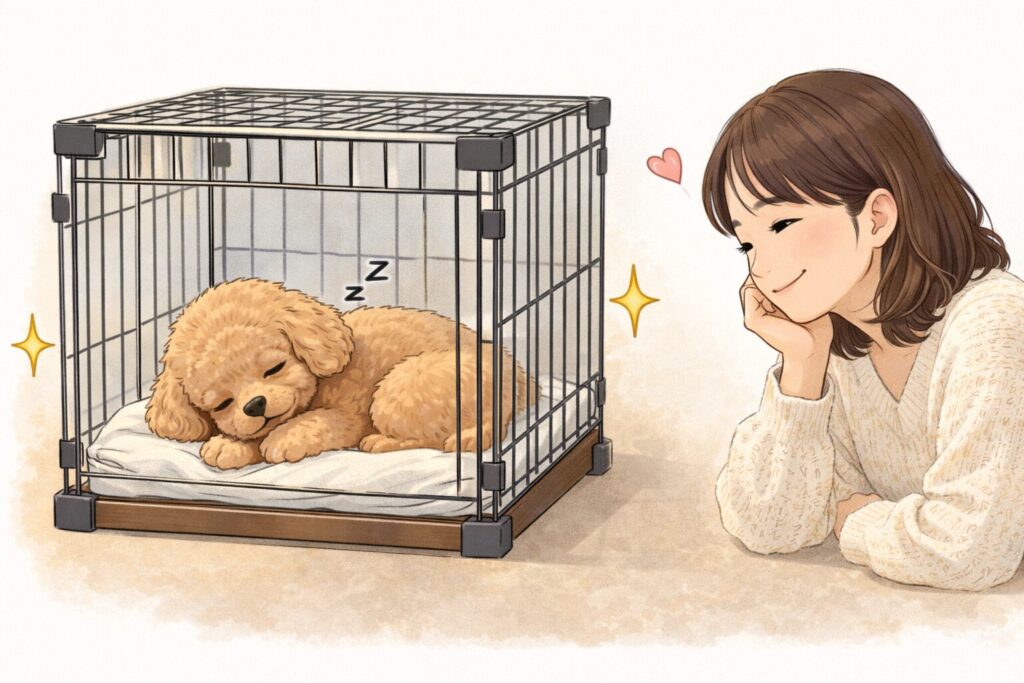 ワイヤーケージの中で安心して眠るトイプードルと、それを優しく見守る飼い主のイラスト