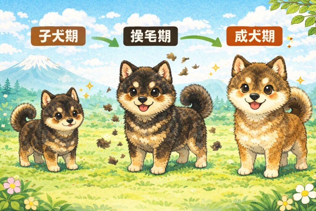 子犬期・換毛期・成犬期の胡麻色柴犬の変化を示したイラスト