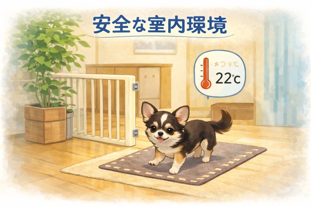 滑らない床やゲートで安全対策された室内で過ごすチワワのイラスト