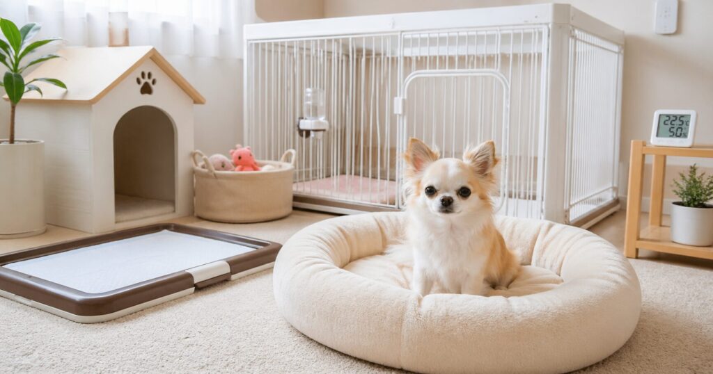 チワワのために整えた室内環境とケージの様子