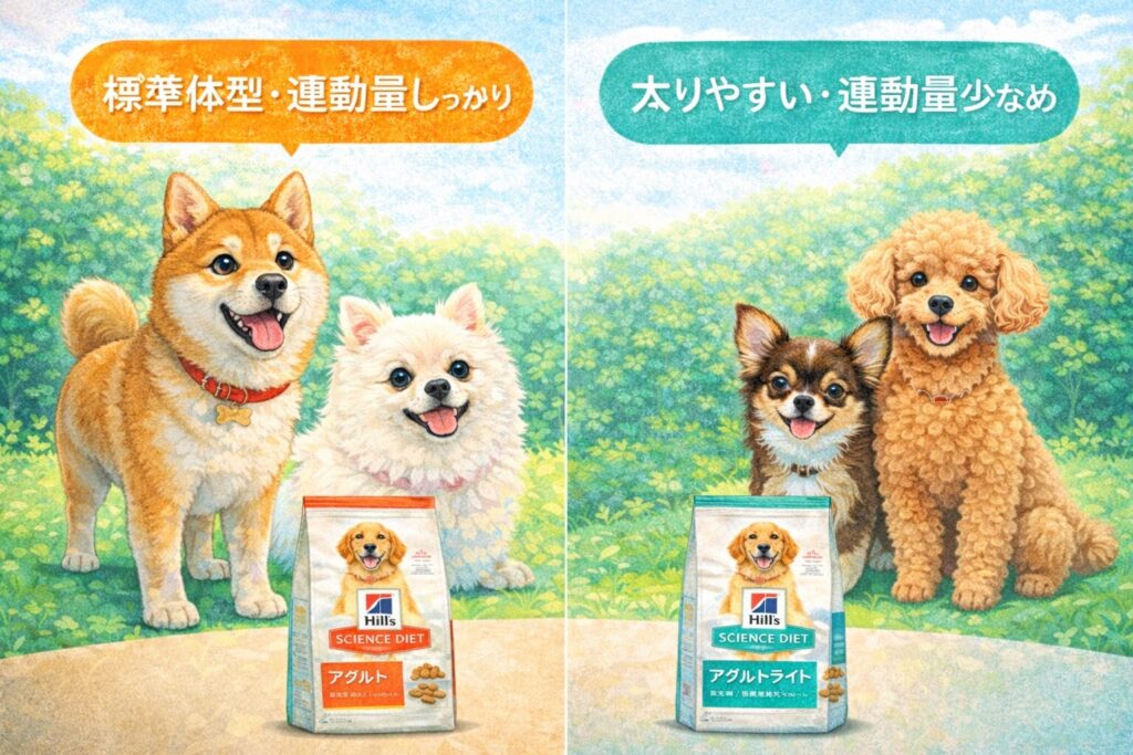 標準体型で運動量が多い犬と、太りやすく運動量が少ない犬を比較したイラスト