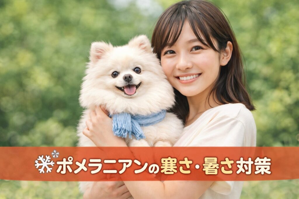 自然な屋外で日本人女性が白いポメラニアンを抱っこしている寒さ・暑さ対策のアイキャッチ画像