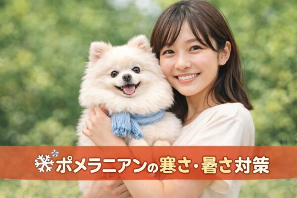 自然な屋外で日本人女性が白いポメラニアンを抱っこしている寒さ・暑さ対策のアイキャッチ画像