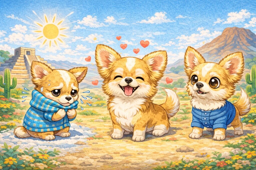 寒さが苦手で甘えん坊、用心深いチワワの特徴を表情で表したイラスト