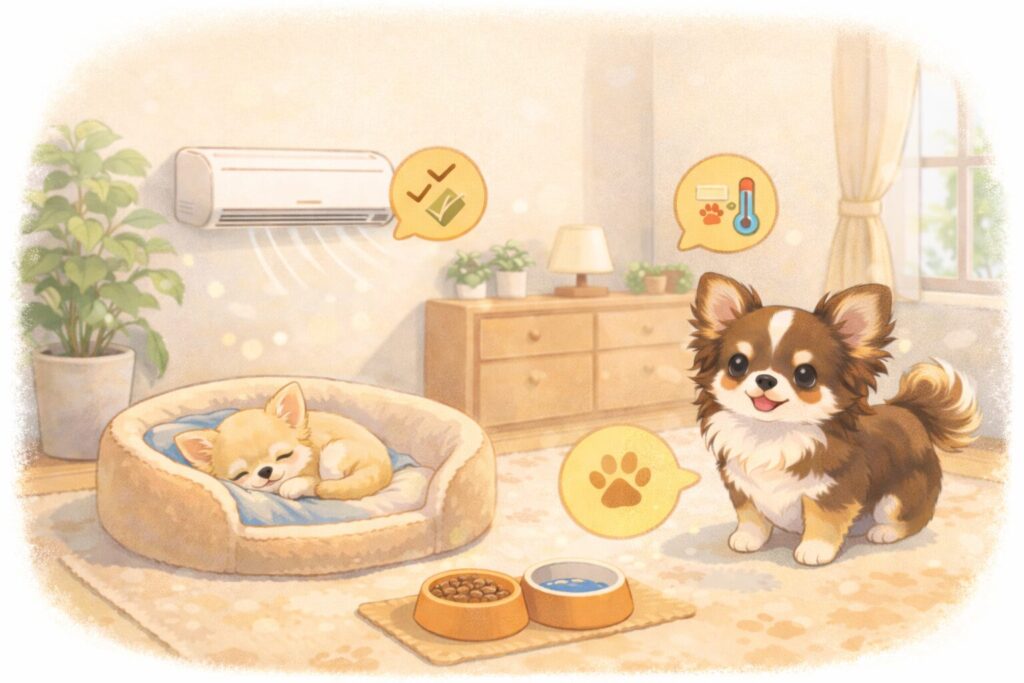 チワワが快適に過ごせる、ベッドや空調を整えた室内環境のイラスト