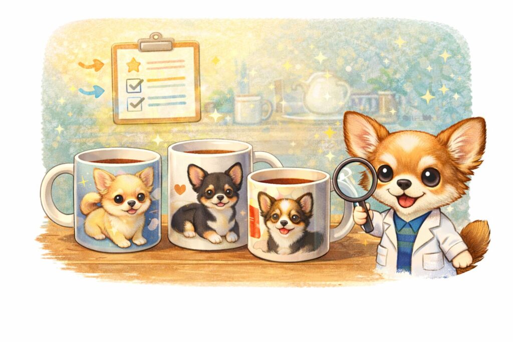 チワワマグカップを用途と対応可否で選ぶポイントをまとめたイラスト
