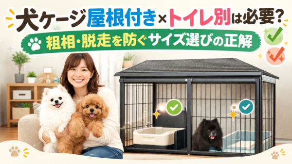「屋根付きでトイレと寝床を分けた犬用ケージと、愛犬を抱く飼い主」