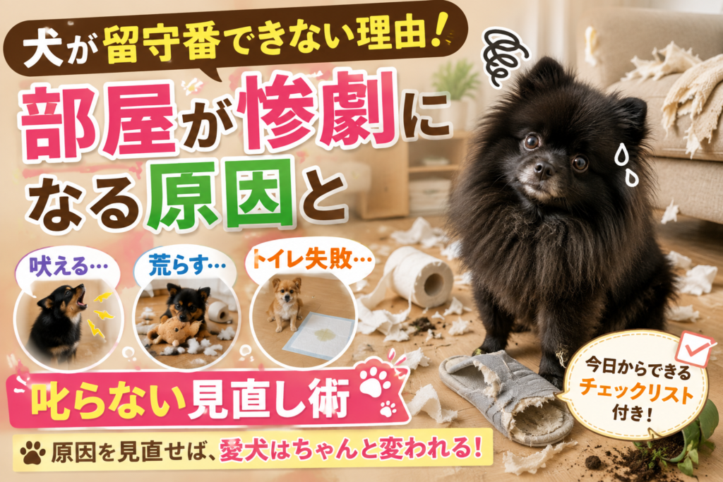留守番中に部屋を荒らして困った様子の犬と、吠えやトイレ失敗などの留守番トラブル