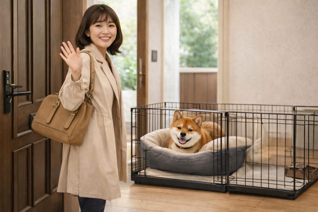 外出前に手を振る日本人女性と、サークル内で待つ柴犬の写真