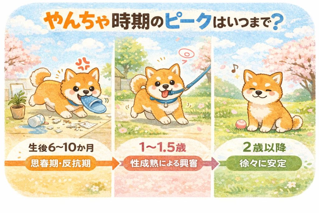 柴犬が生後6〜10カ月、1〜1.5歳、2歳以降で変化する様子を3コマで表した、かわいいイラスト