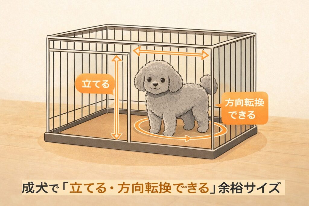 成犬サイズのケージで立って動けるシルバートイプードルの図解イラスト