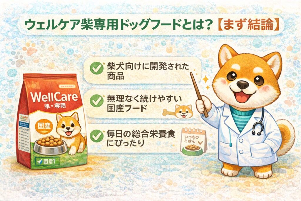 ウェルケア柴専用ドッグフードの特徴を説明する柴犬研究員のイラスト