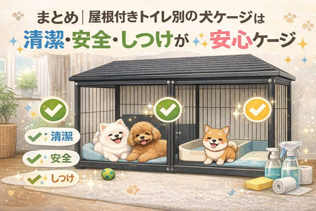 屋根付きトイレ別犬ケージの中で、白ポメラニアン・プードル・柴犬がリラックスして過ごしているまとめイメージのイラスト