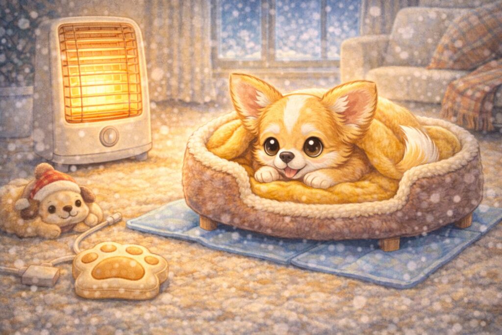 毛布やベッドで暖かく過ごしている室内のチワワの様子
