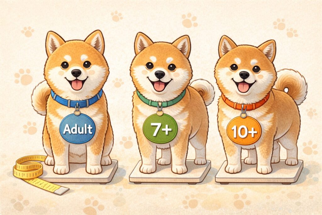 Adult・7+・10+のバッジを付けた3匹の柴犬が並ぶ年齢別イメージイラスト