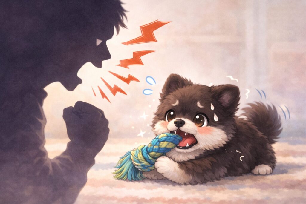 飼い主に怒鳴られて怖がっている子犬のイラスト