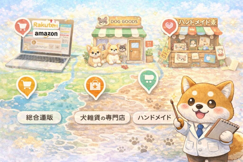 チワワグッズの購入先（総合通販・専門店・ハンドメイド）を比較したイメージ図