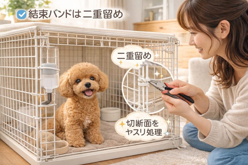 ワイヤーネットの犬ケージを結束バンドで補強する日本人女性とトイプードル