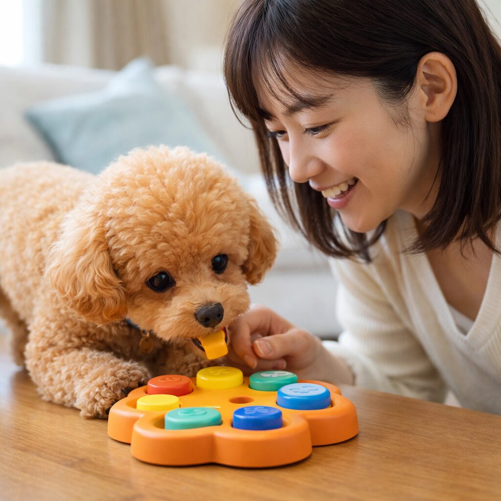 知育トイで遊ぶトイプードルと、日本人女性の飼い主。賢さと学習能力の高さを表している