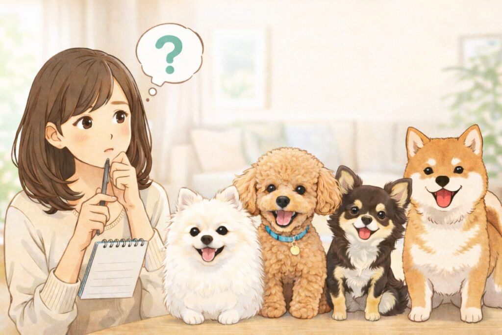 初心者の日本人女性が、トイプードル・ポメラニアン・チワワ・柴犬を見比べて犬種選びを考えているイラスト